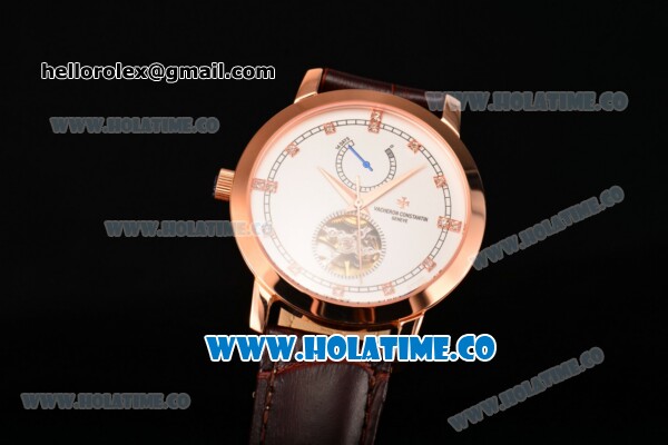 Vacheron Constantin Patrimony Tourbillon Swiss ETA 2824 Automatic Rose Gold Case with Diamonds Markers Brown Leather Strap and White Dial - Click Image to Close